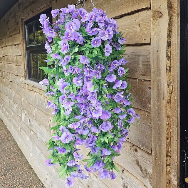 Best Artificial Ltd Purple Morning Glory Trailing Flowers with Green Leaves in Rattan Wicker Hanging Baskets