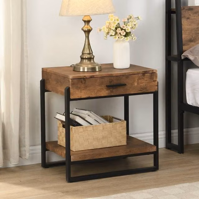 Mona Vale Furniture Rustic Industrial Nightstand with Drawer and Open Shelf in Brown