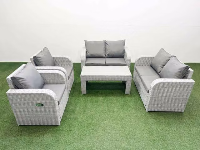 Fimous 6 Seater Rattan Garden Furniture Set with Reclining Chairs and Oblong Coffee Table in Light Grey