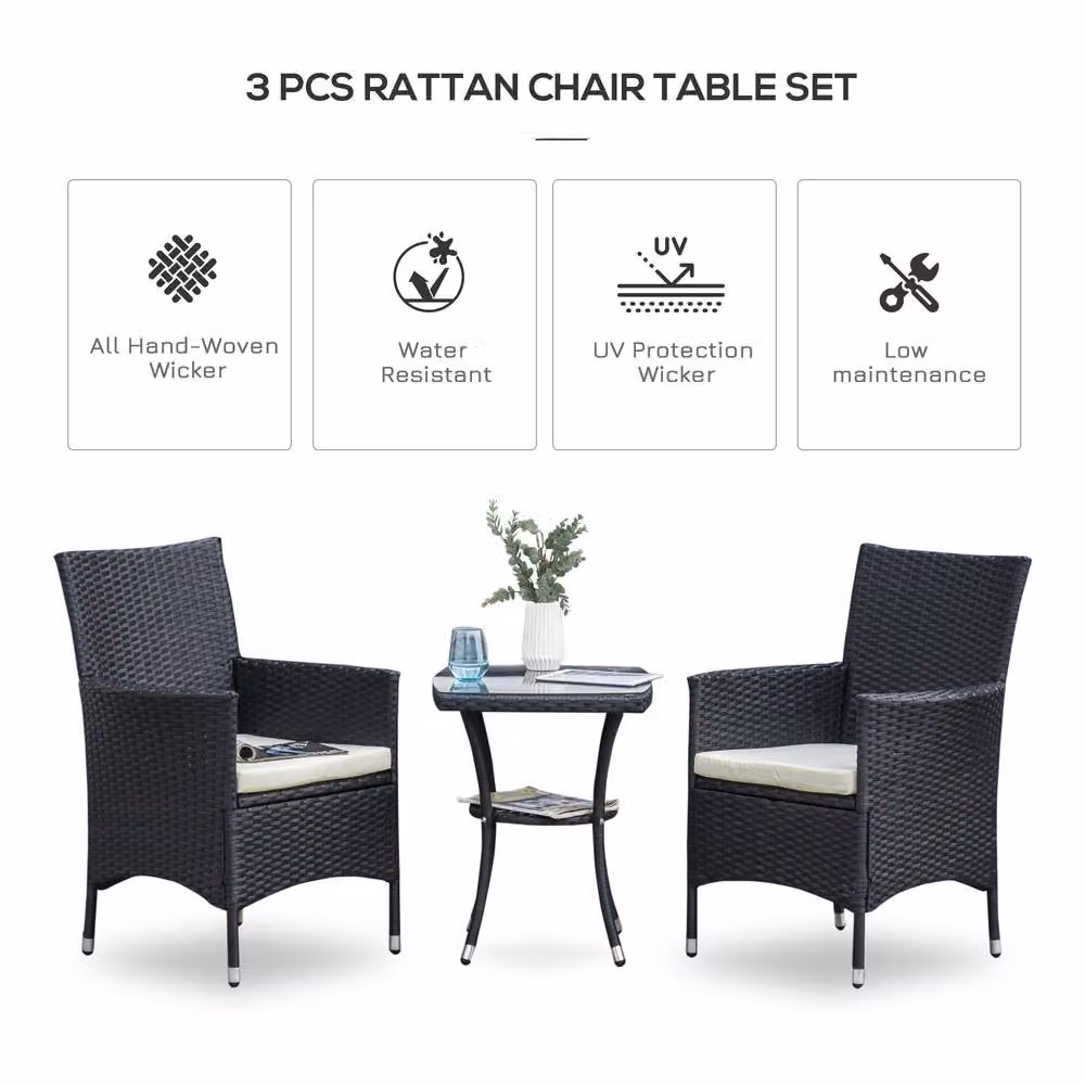STILVORA 3 Piece Bistro Set with Cushions in Black Rattan and Metal – 4
