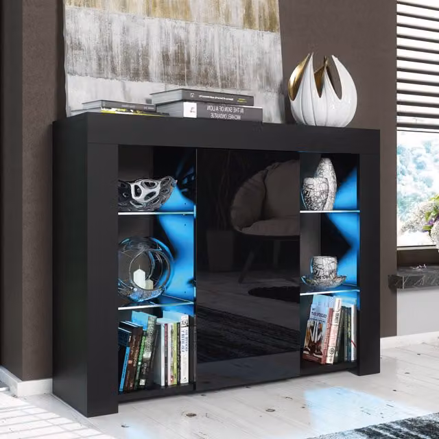 Mex Furniture LTD Modern Gloss Black Sideboard with Integrated LED Lighting, W: 97 cm, H: 83 cm, D: 35 cm – 1