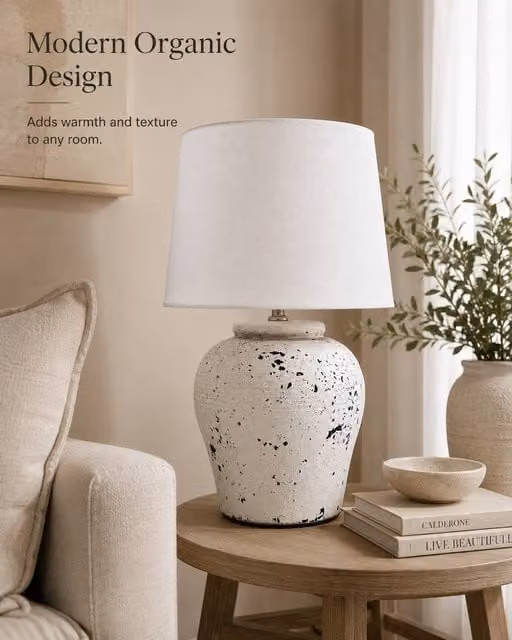 Downton Interiors White and Grey Distressed Ceramic Table Lamp with Fabric Shade H 52 cm x W 36 cm x D 36 cm – 1