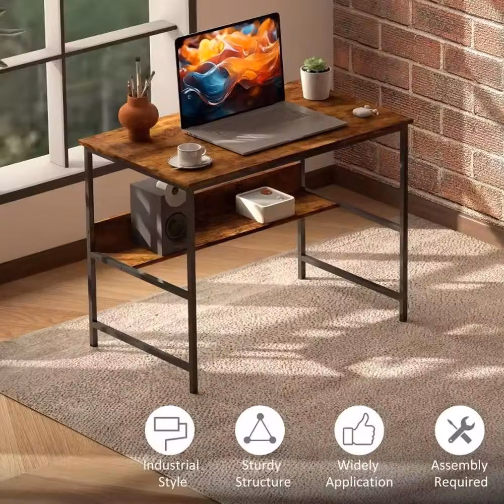 FORGEVIO 2-Tier Industrial Computer Desk with Metal Frame and MDF Storage in Brown, W: 120 cm, D: 60 cm, H: 75 cm – 4