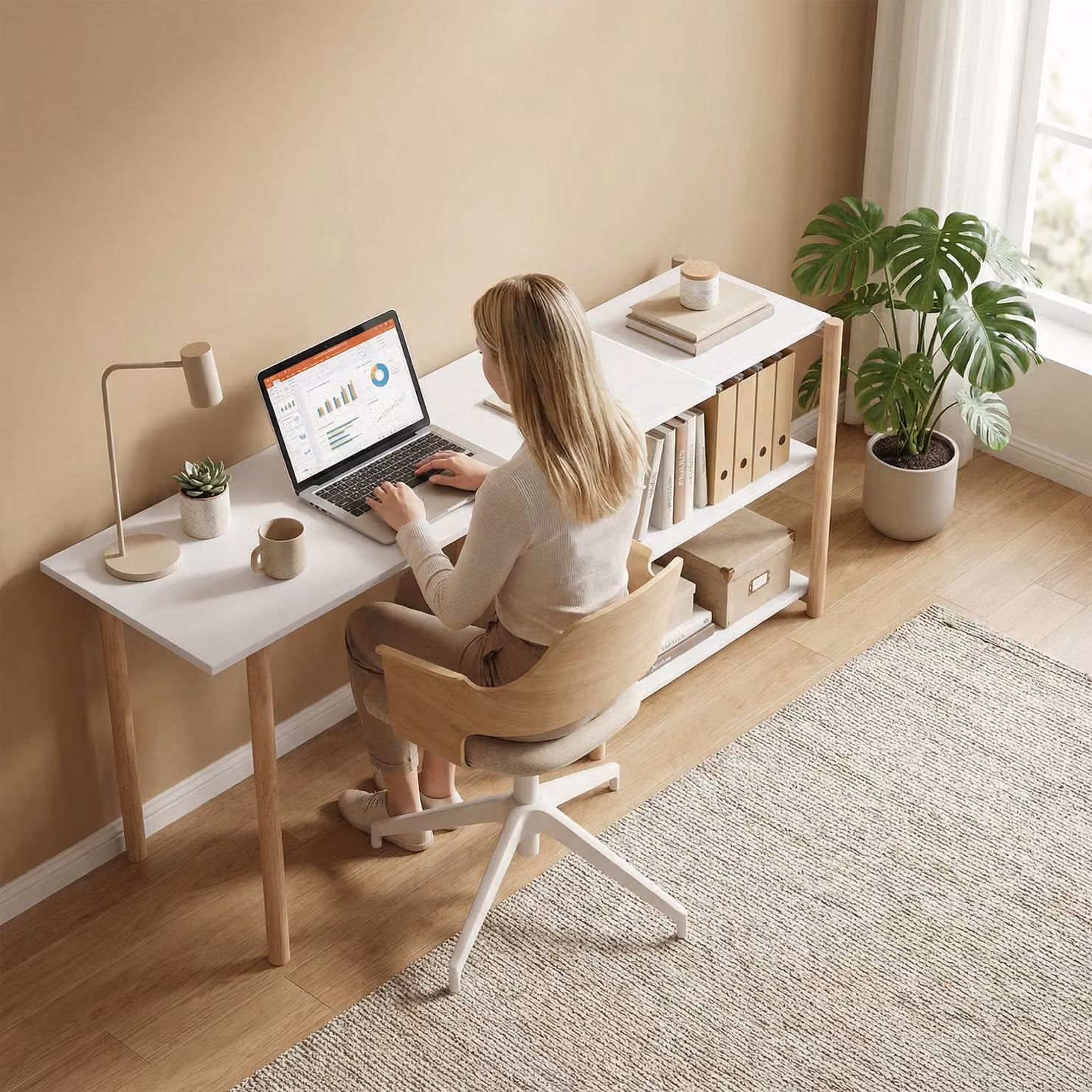 HOMCOM Modern Computer Desk with Storage Shelves and Bamboo Frame, White and Oak – 6