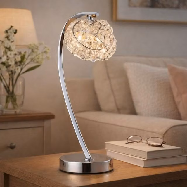 Pagazzi Monaco Chrome and Crystal Table Lamp in Silver, H 36 cm x W 16 cm x D 16 cm – 1