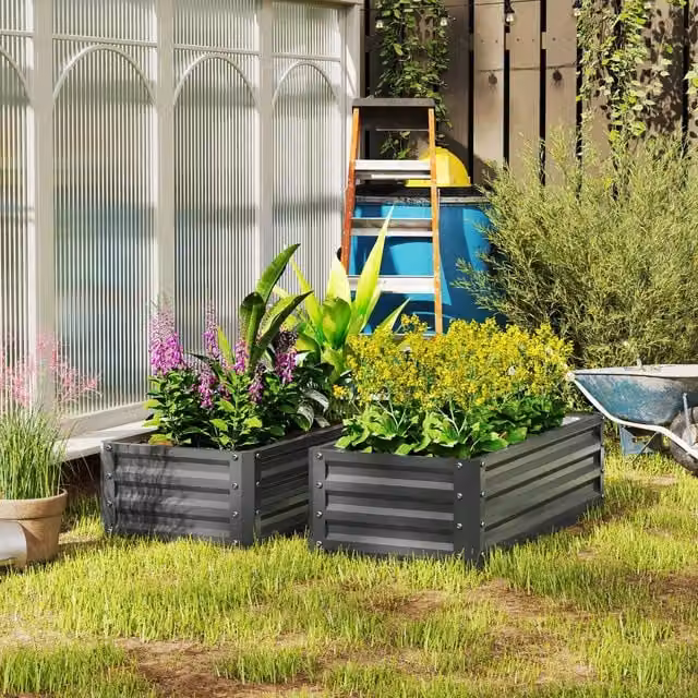 Outsunny Set of 2 Grey Galvanised Steel Raised Garden Bed Outdoor Planter Boxes