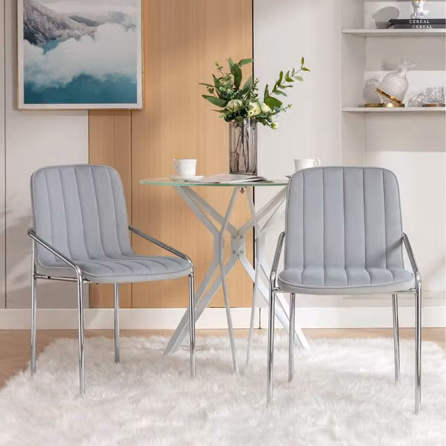 Home Touch Interiors Set of 4 Grey Velvet Upholstered Dining Armchairs with Silver Steel Armrests and Wood Legs