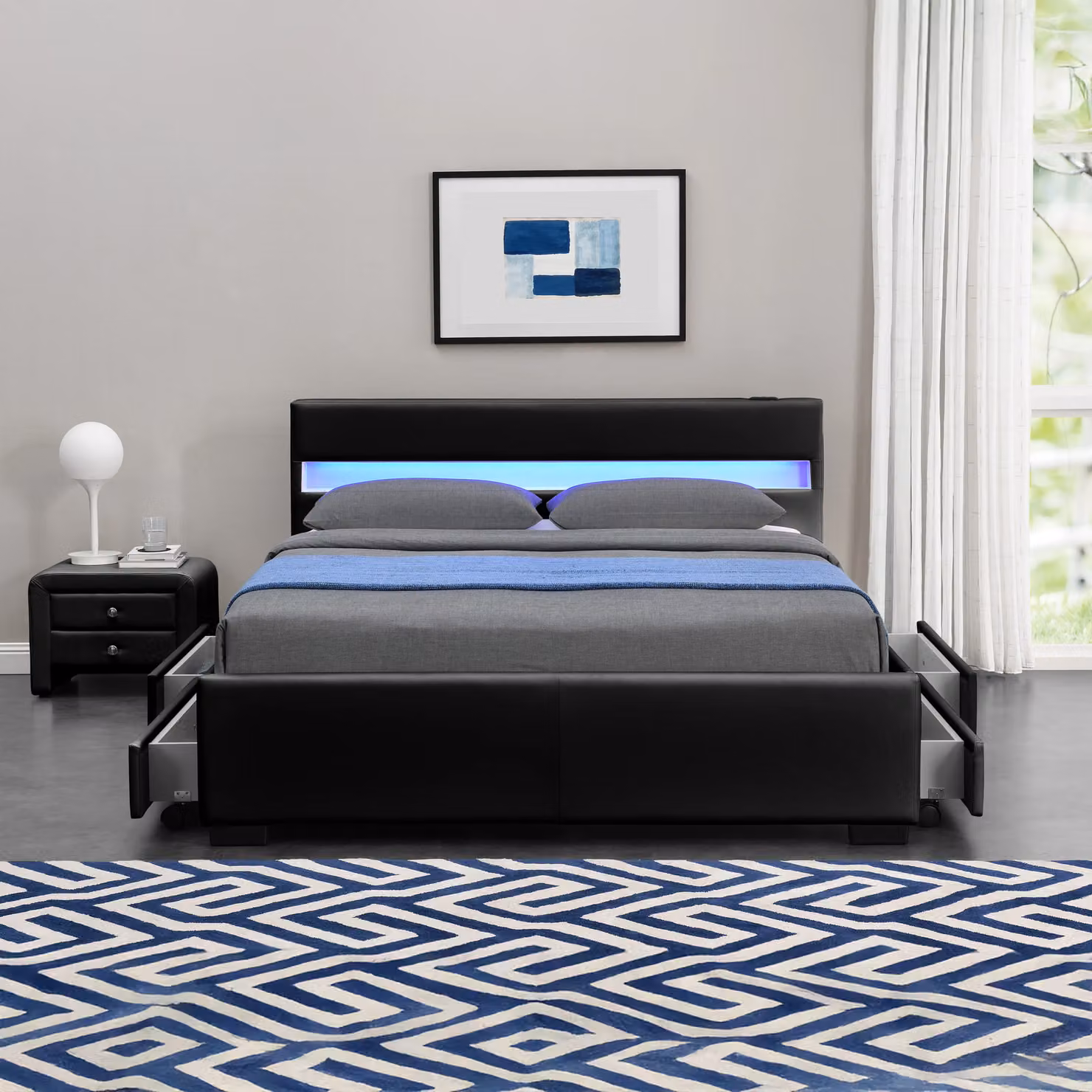Harmin Luxury LED Double Bed with Bluetooth Speakers, USB Charging Port and Black Faux Leather Upholstered Frame, W/D/H: 140 x 200 cm – 2