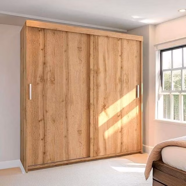 Sliding Wardrobes 4U Modern Sliding Wardrobe with Integrated LED Light in Light Oak, W: 203 cm, H: 217 cm, D: 62 cm
