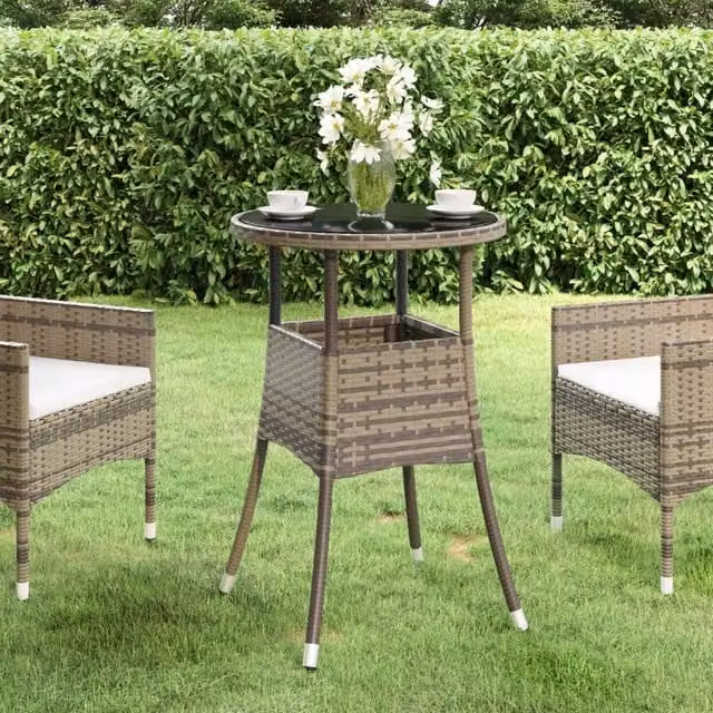 Berkfield Home Grey Poly Rattan and Tempered Glass Garden Table, W: 60 cm, H: 75 cm – 1