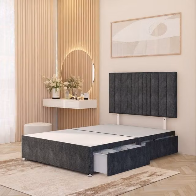 Somnior Beds Ltd Arizona Grey Fabric Upholstered Divan Bed Base with Drawers, W/D/H: 180 x 200 x 34.5 cm