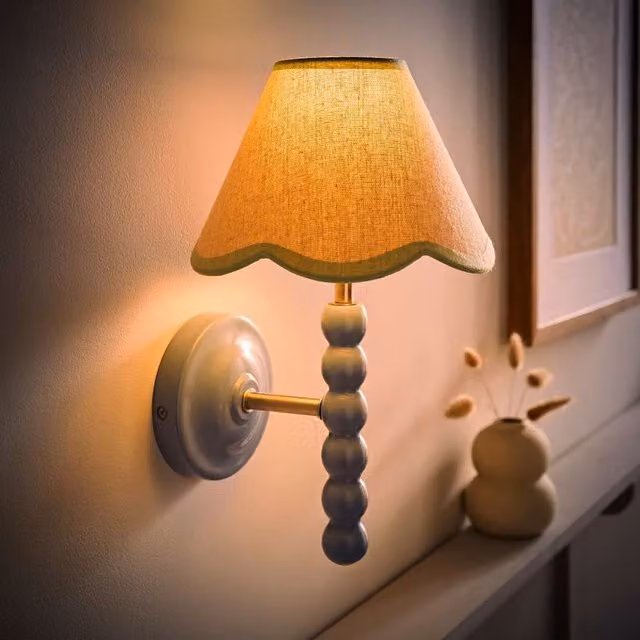 ValueLights Bobbins Powder Blue Wall Light with Linen Trim Fabric Shade and LED Bulb in Pale Green