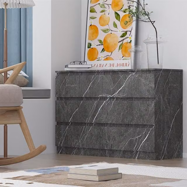 ZITA 6 Drawer Handleless Chest of Drawers in Grey Marble Effect, W/D/H: 112 x 40 x 75 cm
