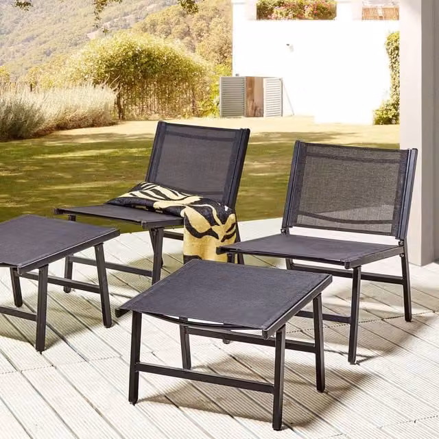 Wyld and Coco Set of 2 Black Textilene Garden Chairs with Footrests and Aluminium Metal Frame