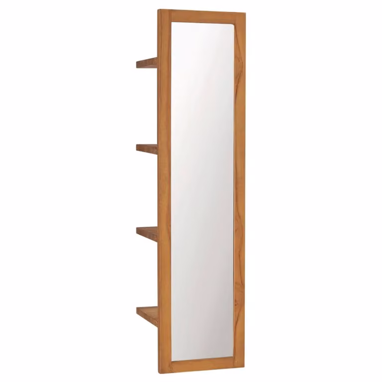 Berkfield Home Wall Mirror with Shelves in Brown Solid Teak Wood, W/D/H: 30 x 30 x 120 cm