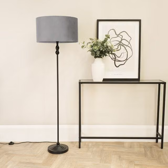 ValueLights Maggie Floor Lamp with Grey Fabric Drum Shade