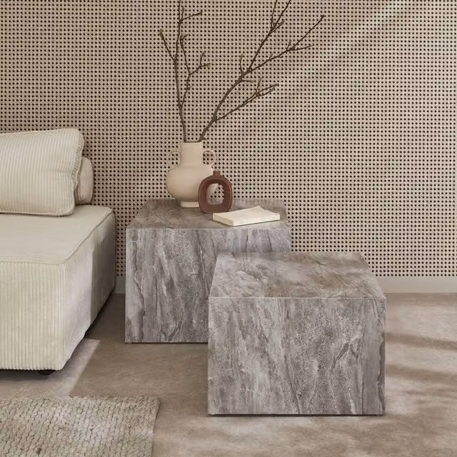 Sweek Pair of Square Coffee Tables with Grey Marble Effect Nested Tops