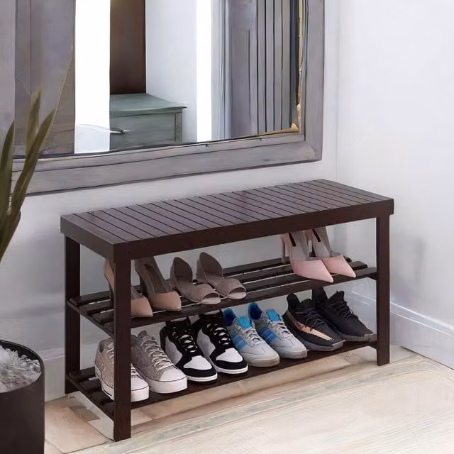 FURNOS 3 Tier Bamboo Shoe Storage Bench in Dark Brown, W/D/H: 116.0 x 28.5 x 85.5 cm – 1