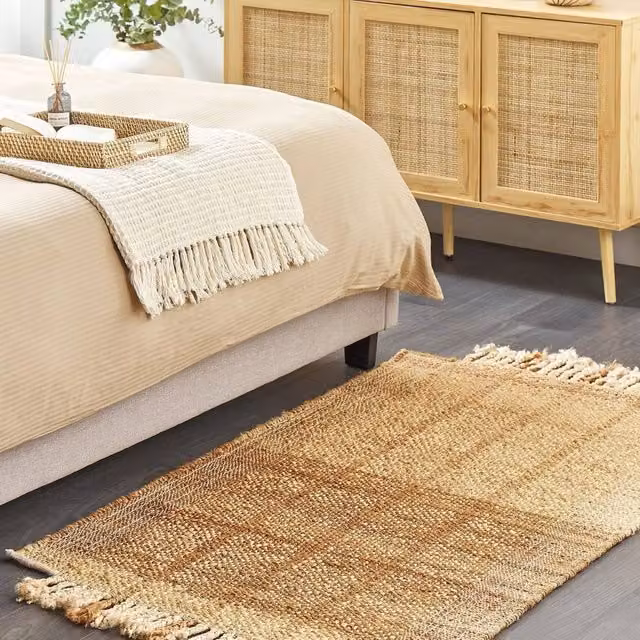 Wyld and Coco Beige Jute and Cotton Woven Rectangular Area Rug with Fringes, W: 80 cm, L: 150 cm
