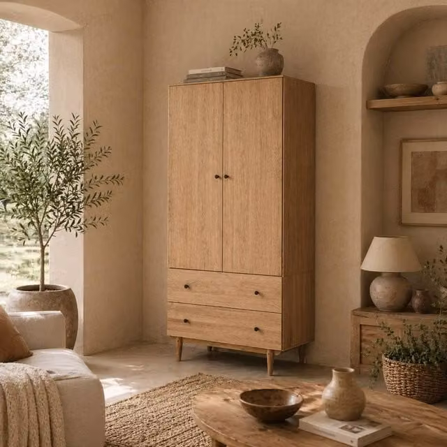Wyld Haus Coramar Natural Wood 2 Door Wardrobe with Hanging Rail and 2 Internal Drawers, H 180 x W 80 x D 52 cm