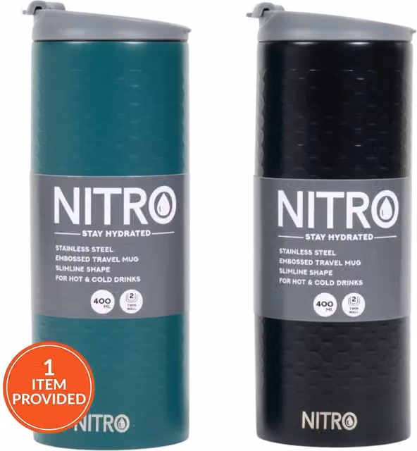 Nitro Embossed Stainless Steel Double Walled Travel Mug with Lid in Green, Black or Multicolour