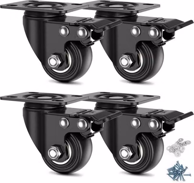 NESTLUNE Set of 4 Black Rubber and Steel Swivel Castor Wheels, 40mm