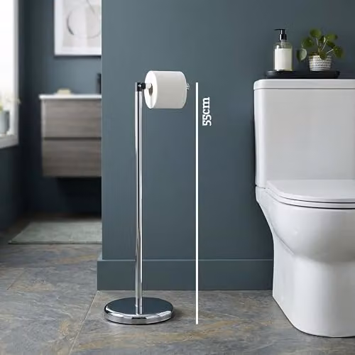 Orsina Luxe Silver Metal Freestanding Toilet Roll Holder with Hinged Arm and Spare Roll Holder, W/D/H: 19 x 35 x 24 cm – 2