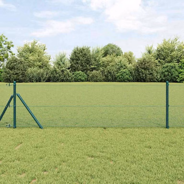 Berkfield Home Green Powder-Coated Steel Welded Wire Fence with 13 Round Posts, 0.6 x 100 m