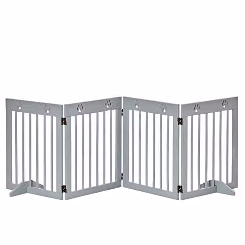 PawHut 4-Panel Wooden Freestanding Pet Gate and Folding Dog Barrier in Light Grey, H 61 cm x W 204 cm