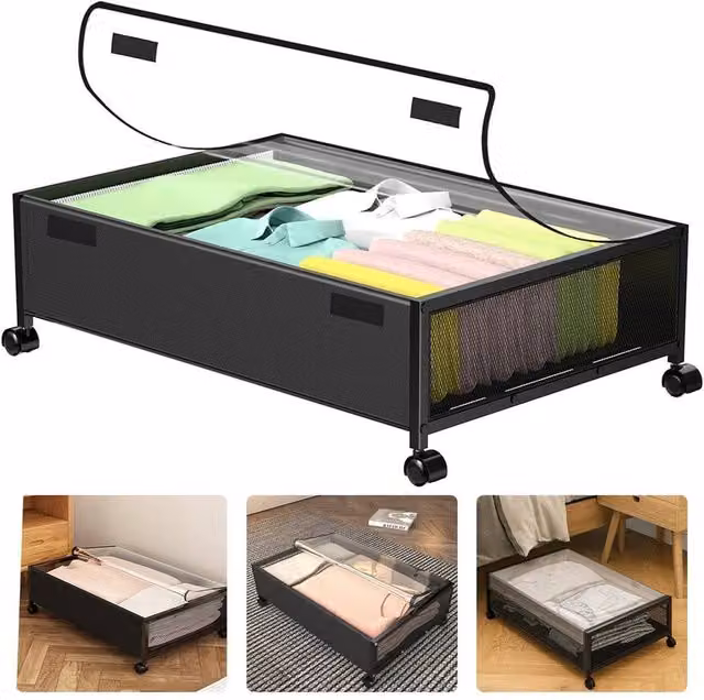 EONLION Set of 2 Rolling Under Bed Storage Organiser Drawers in Black