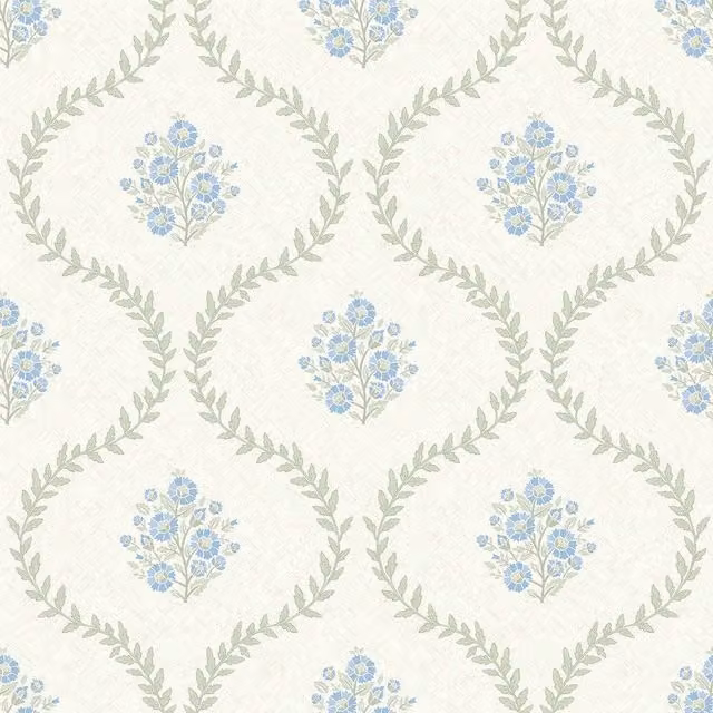 I Love Wallpaper Posy Trellis Botanical Wallpaper in Blue and Sage on Cream