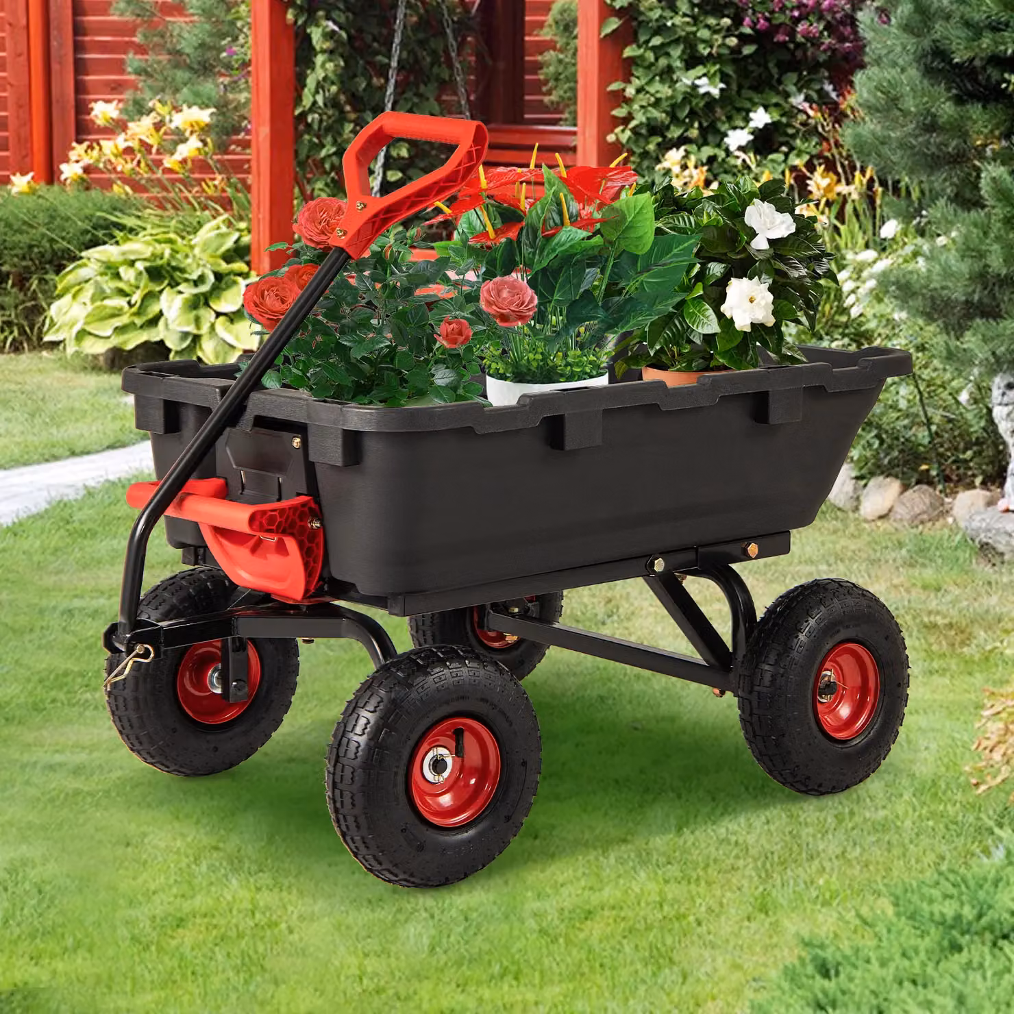Gymax Heavy Duty Poly Garden Dump Cart with Adjustable Handle in Black – 5