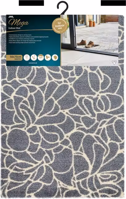 JVL Mega Mat Machine Washable Floral Entrance Runner in Grey