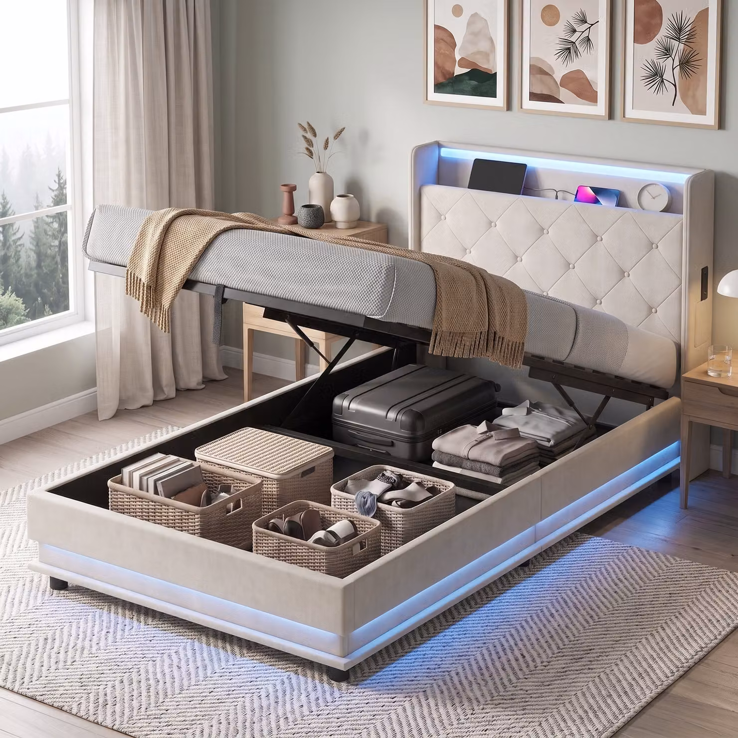 HOMCOM Single Bed Frame with Headboard, Hydraulic Storage, LED Lights and USB Charging Station, White, 90 x 190 cm – 5