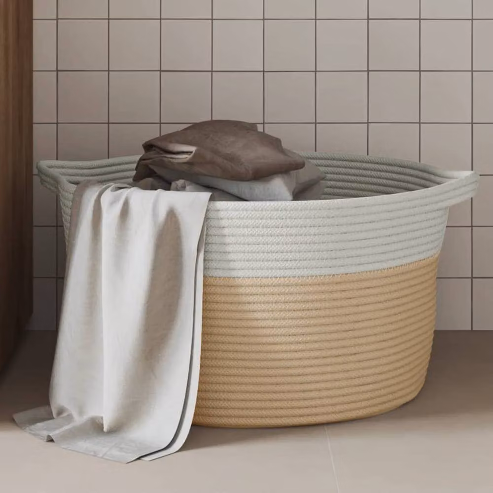 Berkfield Open Weave Cotton Storage Basket in Beige and White, W: 40 cm, H: 25 cm – 2