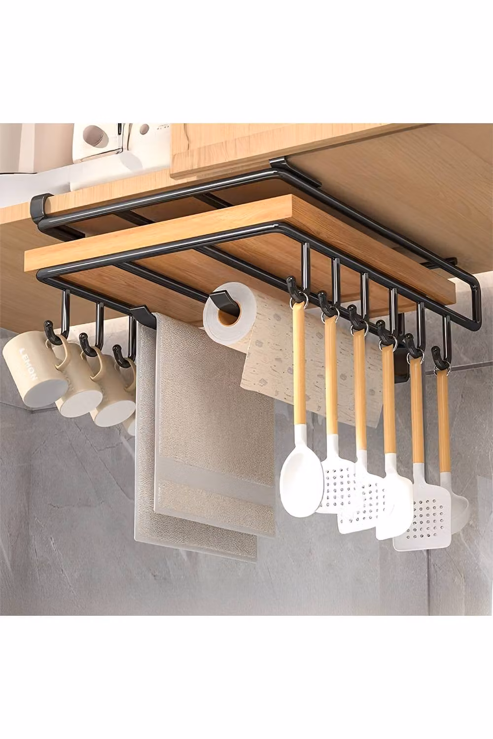 Living and Home Under Cabinet Hanging Cutting Board Storage Rack with Roll Holder and Hooks, Jet Black – 1
