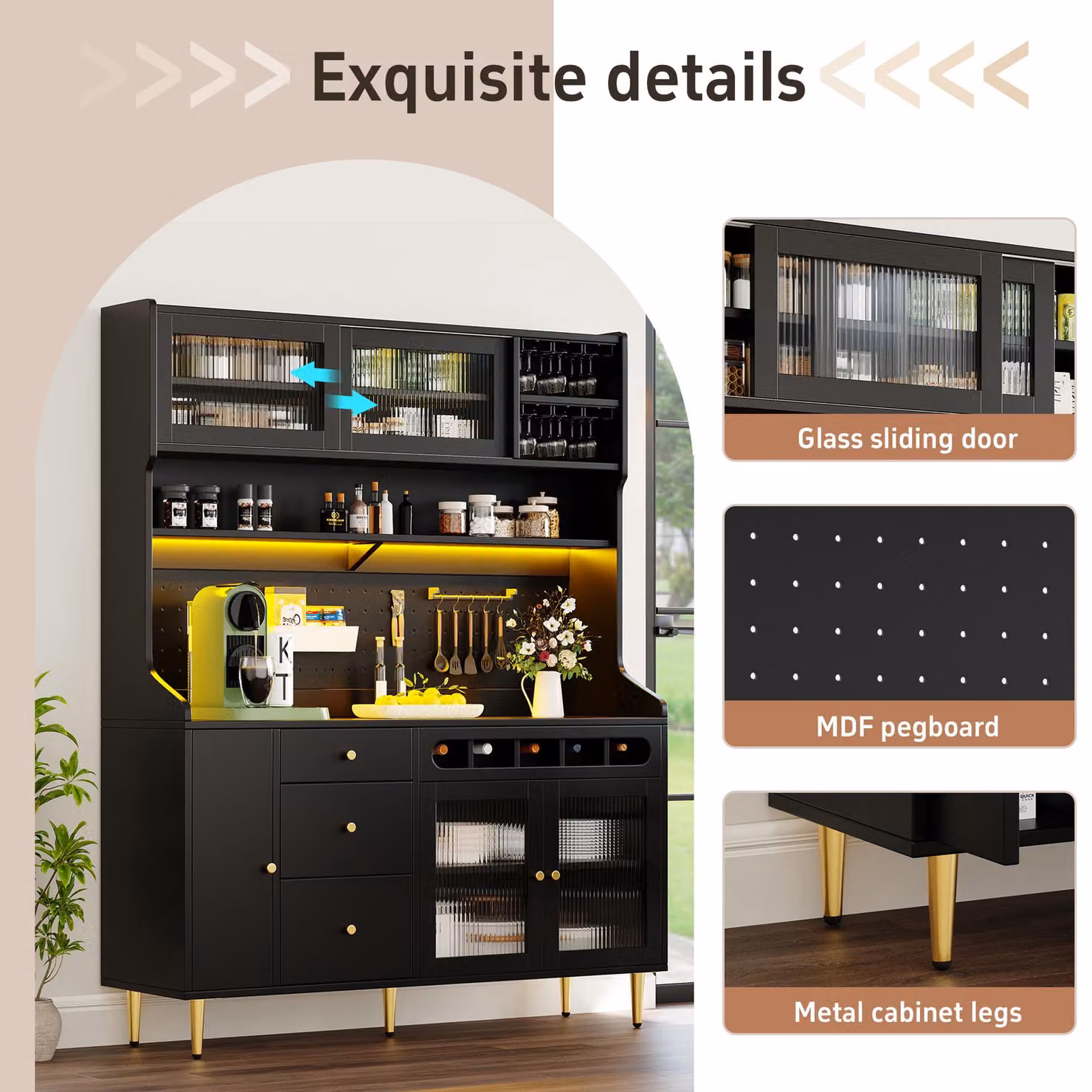 Aosom UK Modern Black Freestanding Highboard with LED Lighting, Adjustable Shelves and Pull-Out Wine Rack, W: 39 cm, D: 39 cm, H: 171 cm – 4