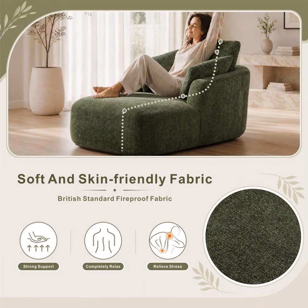 MIMO Green Chenille Upholstered L-Shape Chaise Lounge Sofa with 30D Foam, W/D/H: 164.0 x 115.0 x 91.0 cm – 2