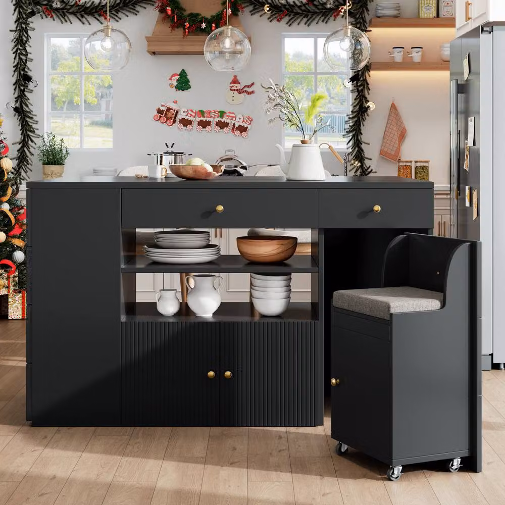 Rolipo Kitchen Island with Stools and 6 Drawers, White/Black/Gold, Width: 140 cm – 2