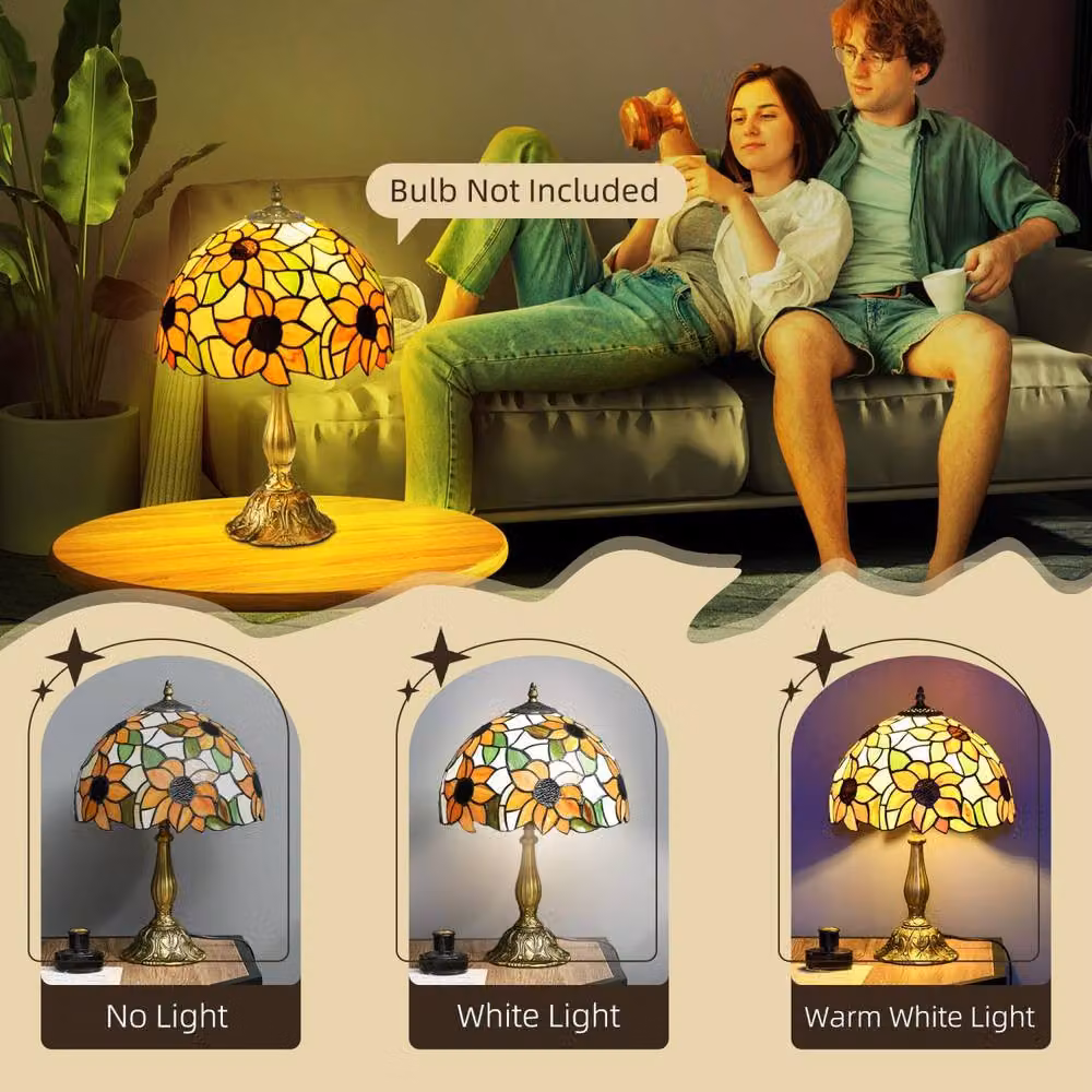 Wyld Haus Limbaka Orange Sunflower Stained Glass Table Lamp, Multicolour with Gold/Brass Metal Base, H 48 cm x W 30 cm x D 30 cm – 5