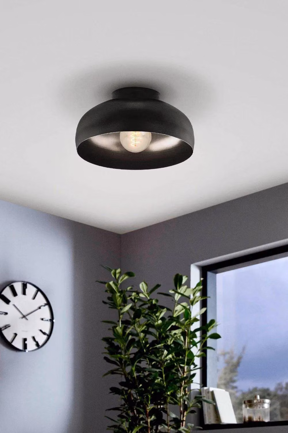 Eglo Mogano 2 Retro Black Metal Domed Semi-Flush Ceiling Light – 2