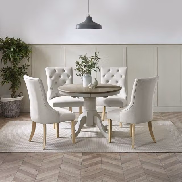 FurnitureboxUK Padstow Round Extending Wooden Dining Table and 4 Belgravia Chairs in Grey and Beige