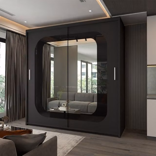 Sliding Wardrobes 4U Modern Double Door Sliding Wardrobe with LED Light, Black, W: 150 cm, H: 217 cm