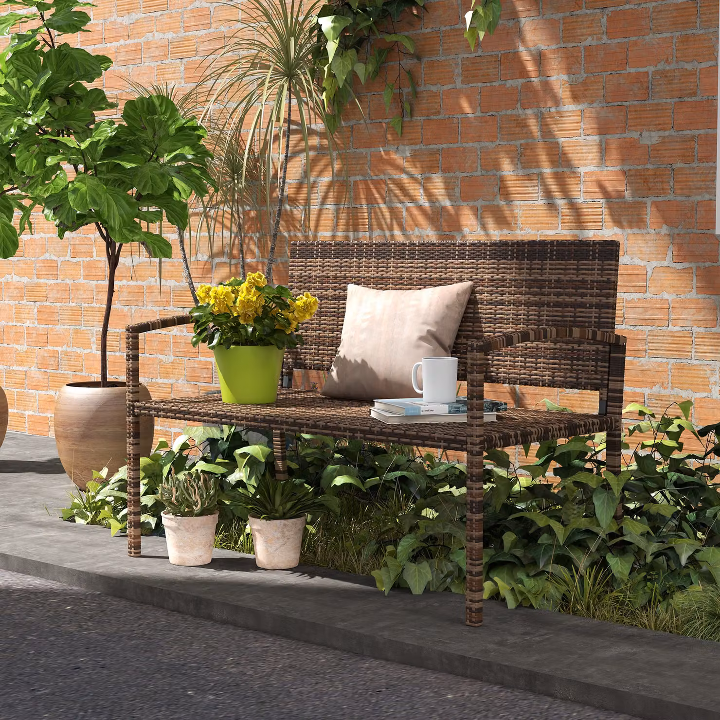 Outsunny Brown Poly Rattan 2 Seater Garden Loveseat with Armrests and Cushions – 7