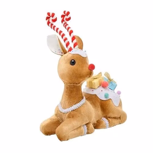 Widdop and Co Sitting Rudolph Christmas Tabletop Decoration in Brown, White and Red