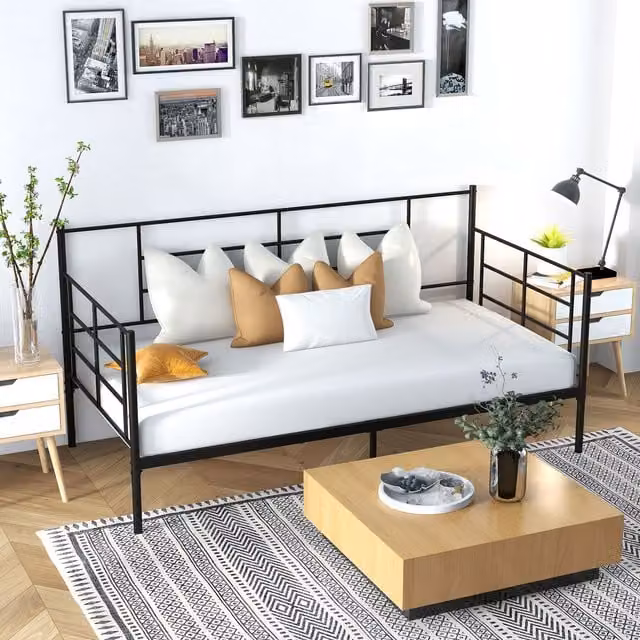 Costway Single Metal Sofa Bed and Daybed with Arms and Back in Black, W/D/H: 90 x 200 cm