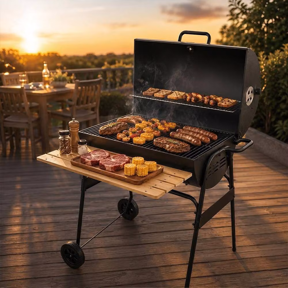 House of Home XL Barrel Charcoal BBQ Grill Smoker with Thermometer and Wheels in Black – 5
