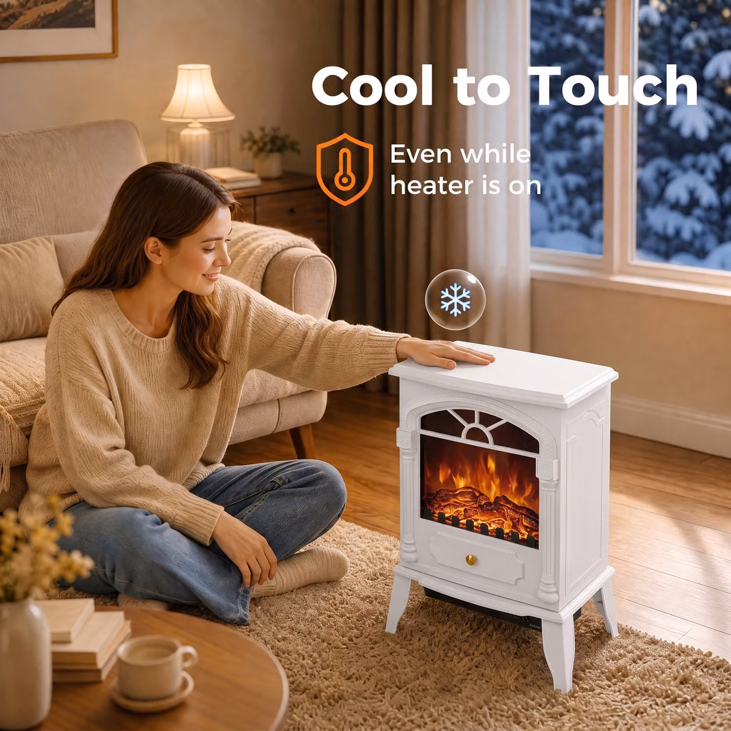 HOMCOM Freestanding Portable Electric Fireplace Stove Heater with 3D Flame Effect and Adjustable Thermostat, White – 7