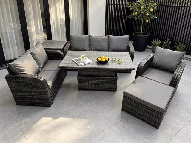 Fimous Rattan Garden Furniture Set in Dark Grey with L-Shape Sofa, Armchair, Ottoman and Coffee Table