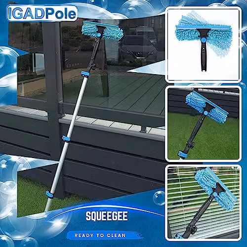 IGAD 24ft All-in-One Window Washing and Dusting Kit in Blue with Telescopic Handle, Pivot Squeegee, Microfibre Cloths, Cobweb Duster and Ceiling Fan Duster – 3